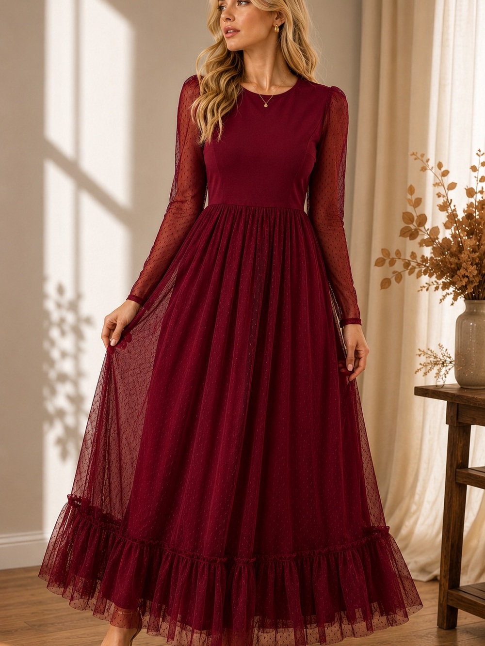 Burgundy Swiss Dot Maxi Dress Sheer Sleeve Romantic Cottagecore M